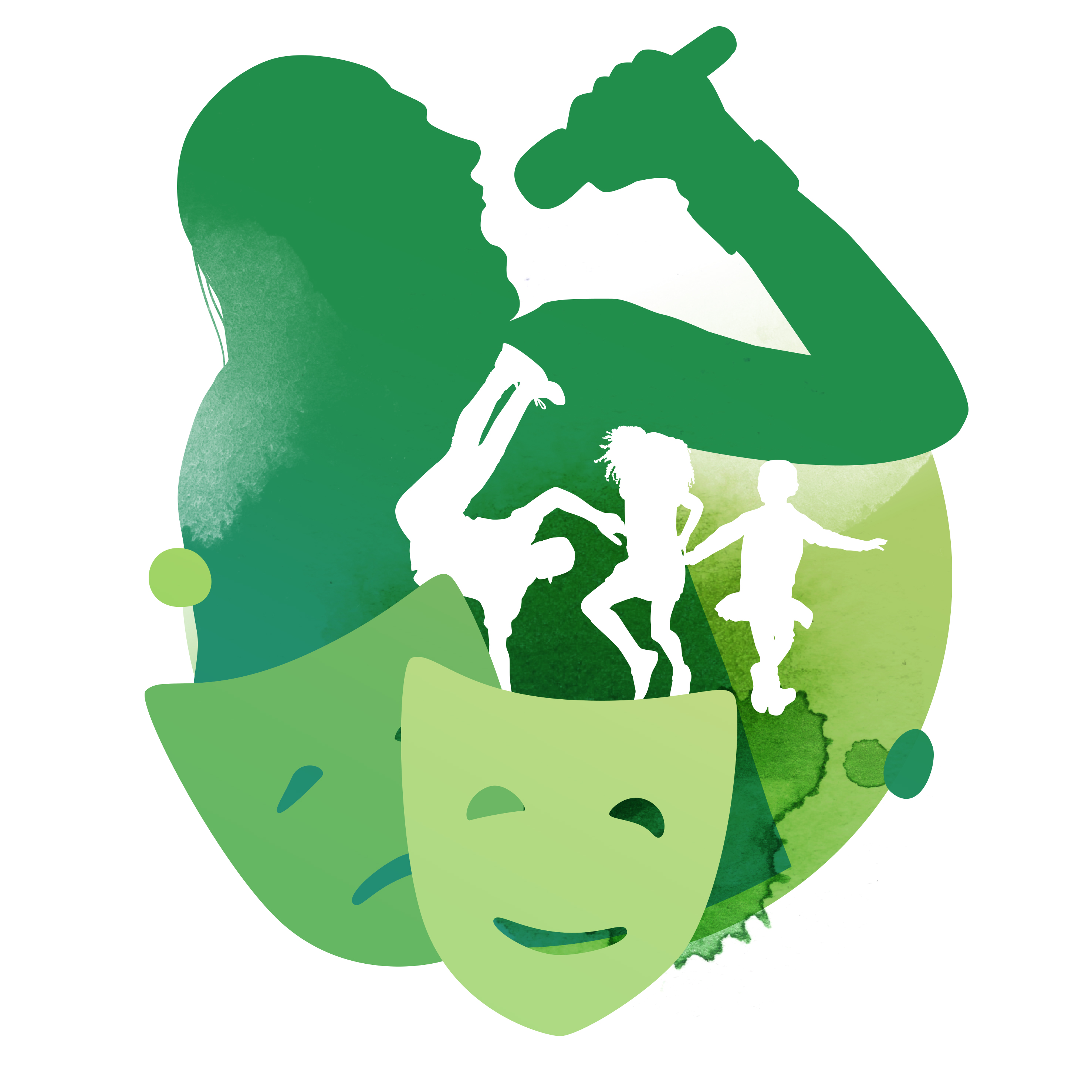 en sångare i silhuett, illustration och bildkollage i grönt av kultursymboler