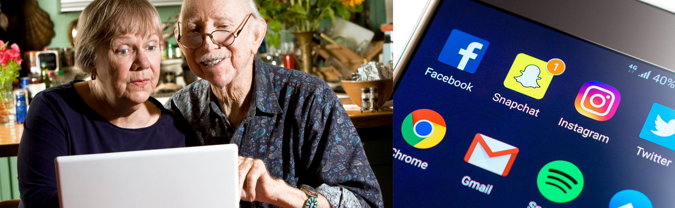 Äldre par framför dator och smartphone